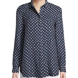 Lafayette 148 New York Brody Navy Polka-Dot 100% Linen ButtonUp Blouse